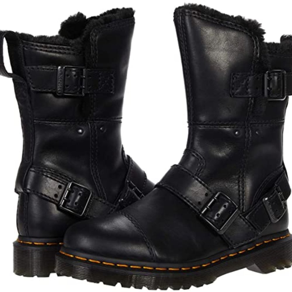 Dr. Martens Kristy Mid Leather Faux Fur Winter Boots Black Luxor